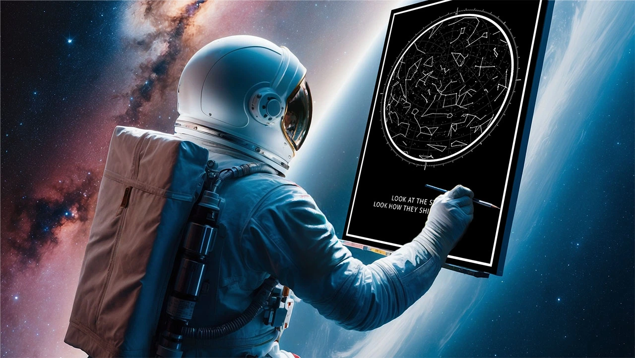 Astronauta criando mapa estelar no espaço, pôster celestial personalizado