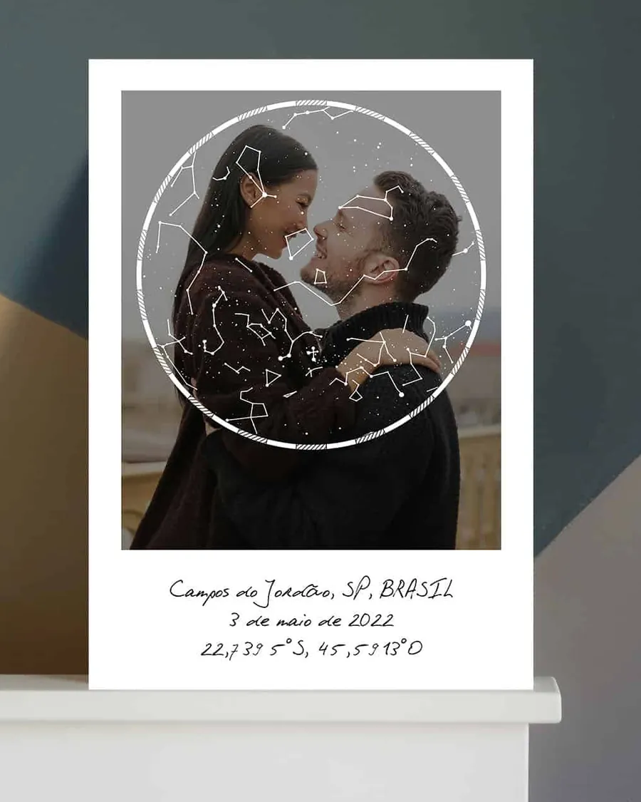 Mapa celeste com a foto de um casal no fundo