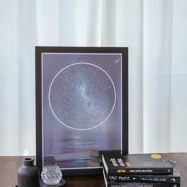 Quadro do mapa das estrelas sobre uma mesa com livros