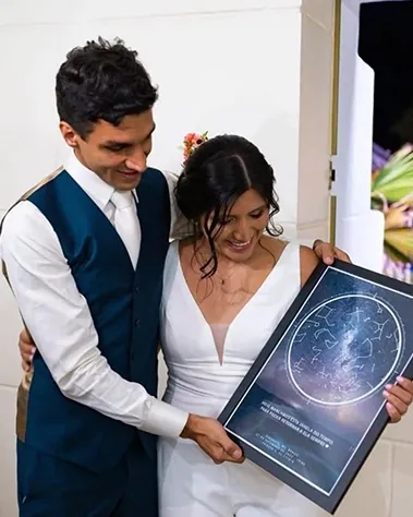Noivos segurando o mapa do céu do casamento